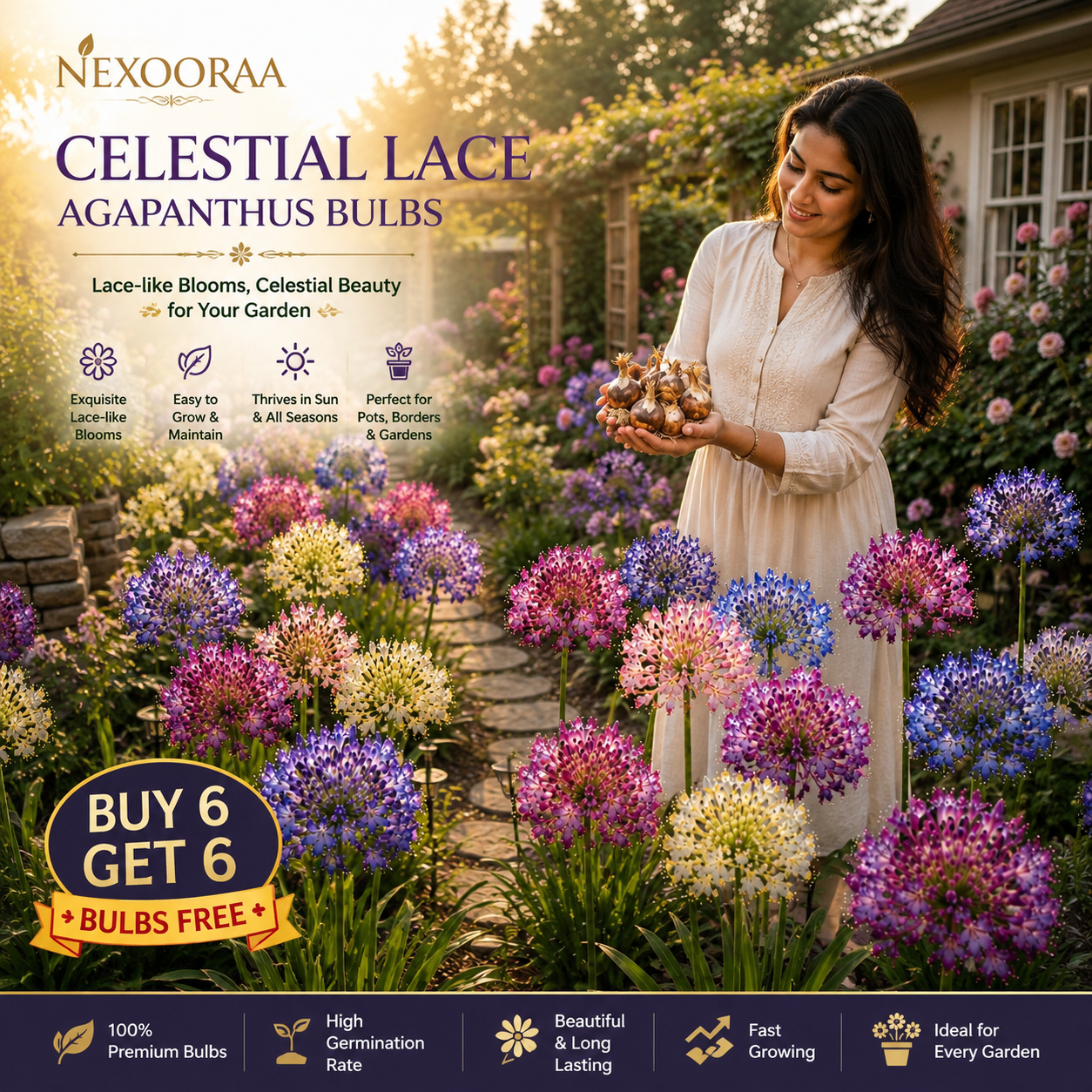 🏠🌸 Celestial Lace Agapanthus Bulbs 🌿 Elegant Blooms, Easy to Grow 🌸Buy 6 Get 6 Free Bulbs🌸